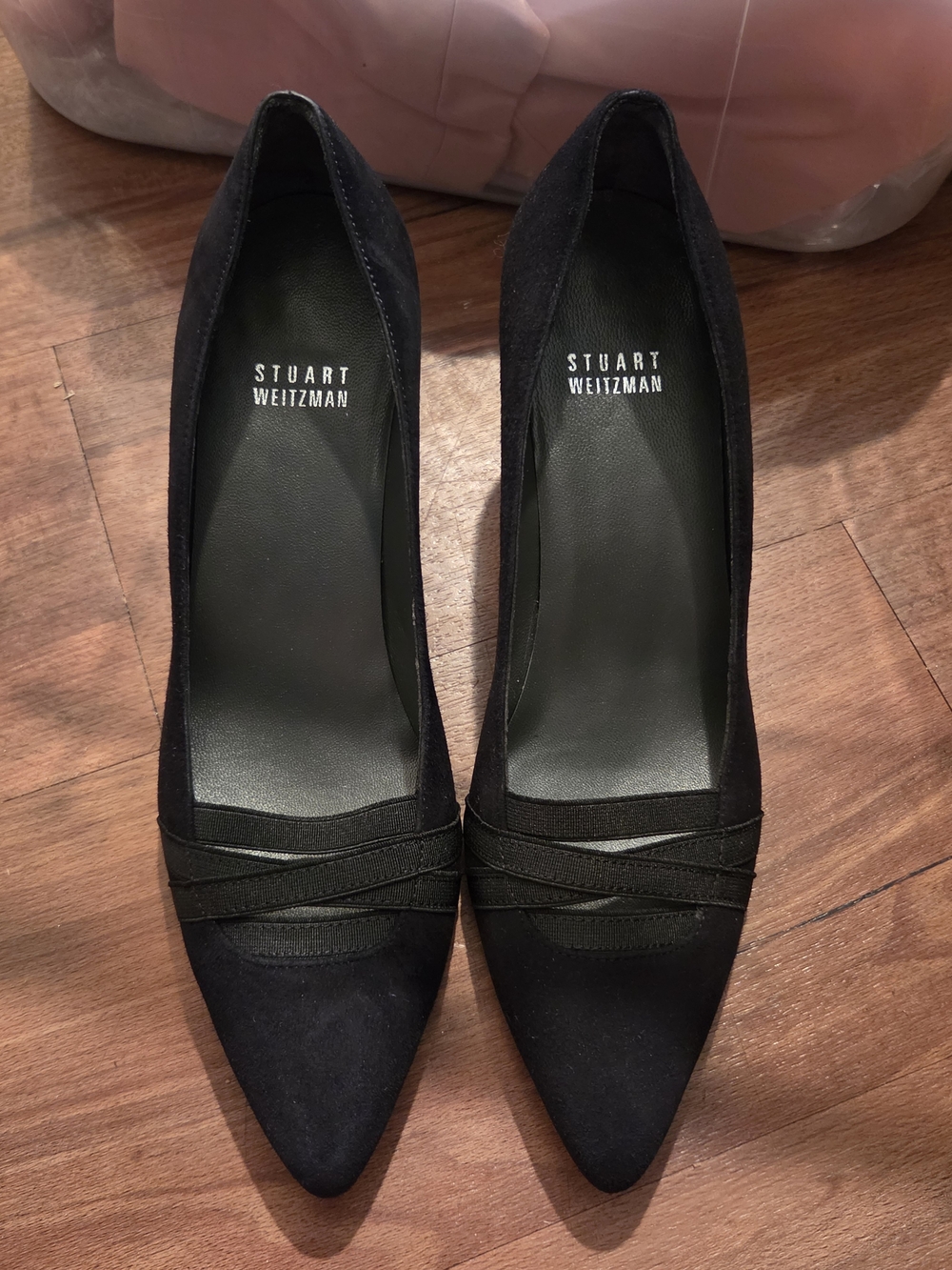 Stuart Weitzman Black Suede Pointed Toe Pumps with Strap Detail